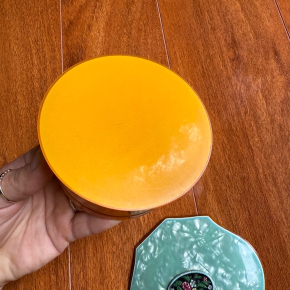1930s Celluloid Art Deco Amber Blue Floral Powder Vanity Jar Trinket Box Jewelry - Picture 6 of 11